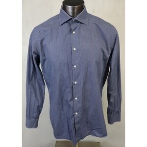 Mens Canali Button Front Dress Shirt Size 17 1/2 Blue White Geometric Made in It